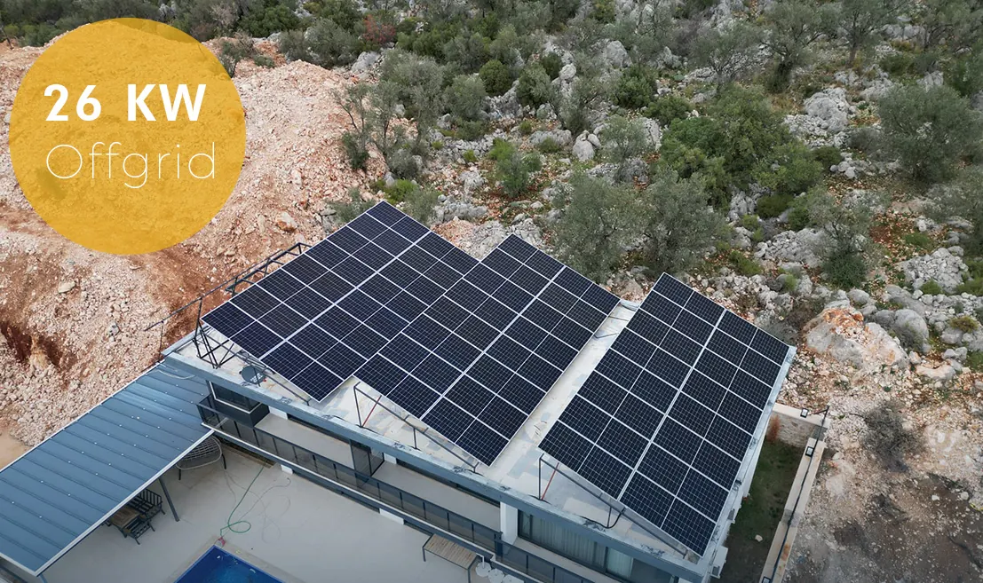 26 kW off-grid güneş paneli sistemi, havuzlu villa