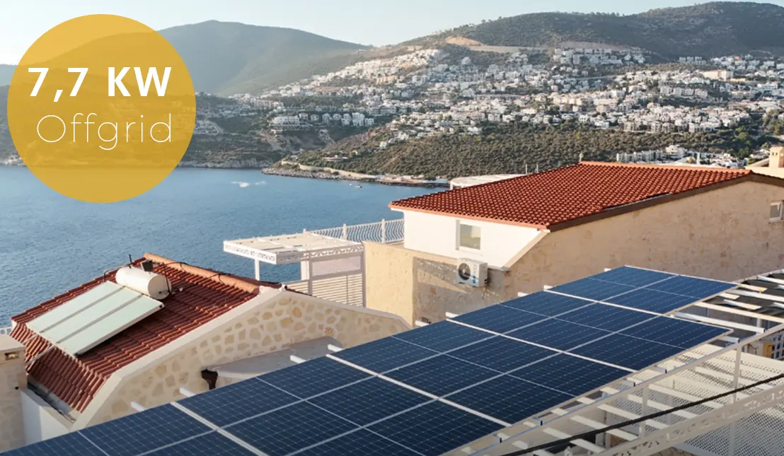 7,7 kW off-grid güneş enerjisi, deniz manzaralı villa